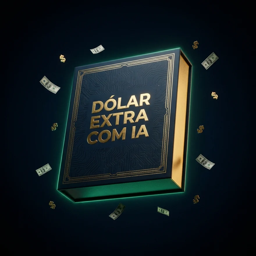 Caixa do produto Dólar Extra com IA, azul-marinho com letras douradas e notas de dólar ao redor