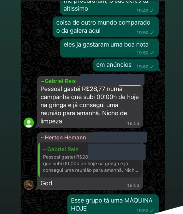 Print de WhatsApp: Gabriel conta que gastou 28 reais e 77 centavos em um anúncio e marcou reunião com uma empresa de limpeza no exterior para o dia seguinte