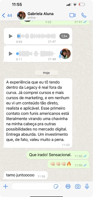 Print de WhatsApp: mensagem da Gabriela dizendo que já comprou cursos e mais cursos de marketing e em nenhum viu um conteúdo tão direto