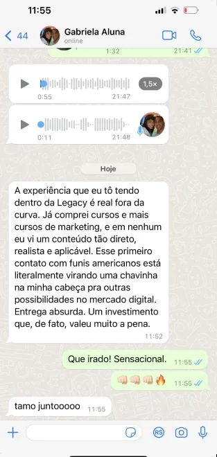 Print de WhatsApp: Gabriela escreve que já comprou vários cursos de marketing e nunca viu um conteúdo tão direto, realista e aplicável