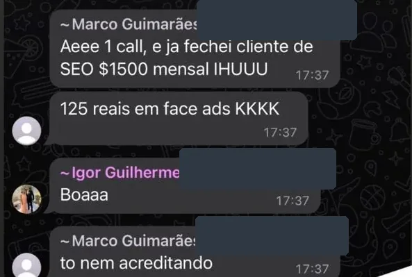 Print de WhatsApp: Marco comemora que fechou um cliente de SEO depois de uma única reunião