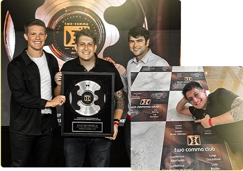 Montagem com a entrega da placa e o quadro de nomes do Two Comma Club