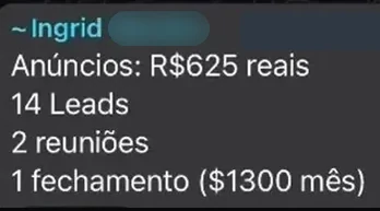 Mensagem da Ingrid no grupo: Anúncios: R$625 reais, 14 Leads, 2 reuniões, 1 fechamento ($1300 mês)