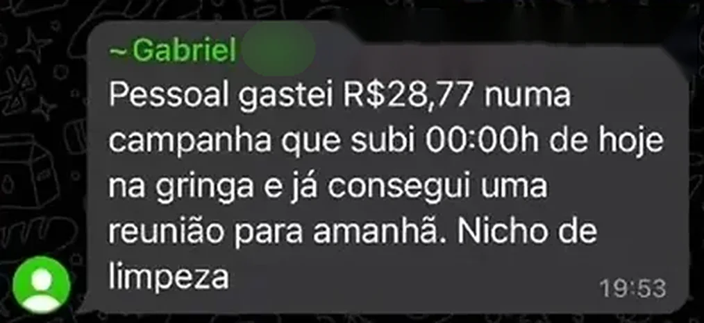 Print real do grupo: Gabriel conta que gastou 28,77 reais numa campanha e conseguiu uma reunião para o dia seguinte, no nicho de limpeza