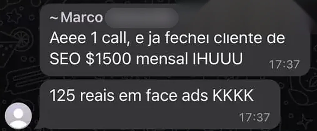 Print real do grupo: Marco conta que em 1 call fechou cliente de SEO de 1.500 dólares mensais, com 125 reais em anúncios
